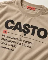 Tricou CAȘTO, nisip — detaliu de material și personalizare