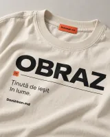 Tricou OBRAZ, ecru — detaliu de material și personalizare